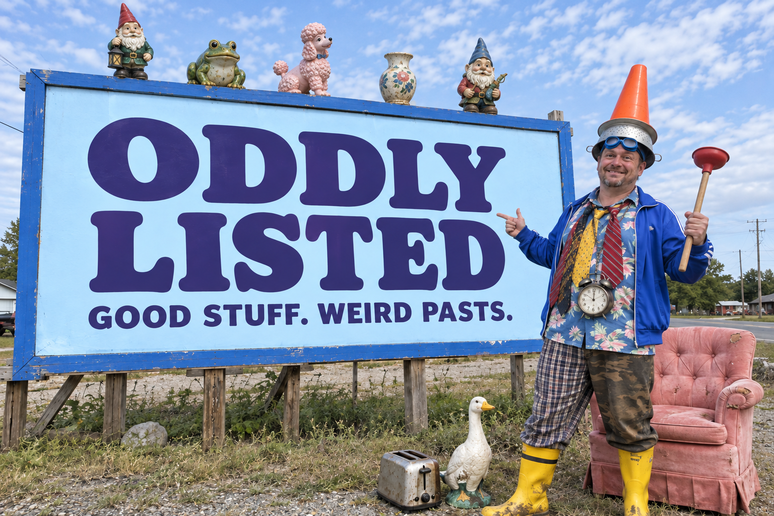 Our fictional proprietor, wearing a traffic cone, colander, goggles, and far too many ties